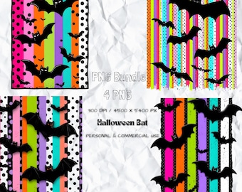 Colorful Bat Halloween PNG Bundle | Preppy Spooky Clipart | Girly Retro Bat Shirt Design | Cute Halloween Sublimation Art Set