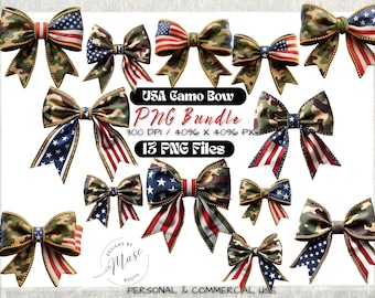 USA Camo Bow PNG Bundle | American Flag Camouflage Bow Clipart | Rustic Pearl Coquette Design | 4th Of July Sublimation Pack