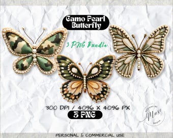 Camo Butterfly PNG Bundle | Pearl Camouflage Butterfly Clipart | Coquette Camo Shirt Design | Rustic Butterfly Moth PNG Pack