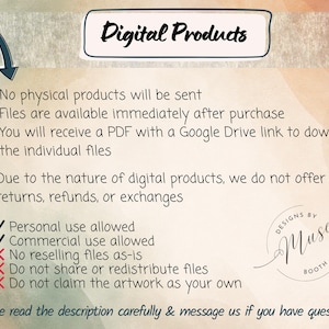 May include: An informational graphic titled Digital Products with a dark arrow pointing to a list of terms. It states no physical products are sent, files are available after purchase, and includes a PDF with a Google Drive link. It lists usage rules with checkmarks and X symbols, plus a Designs by Muse Booth logo.