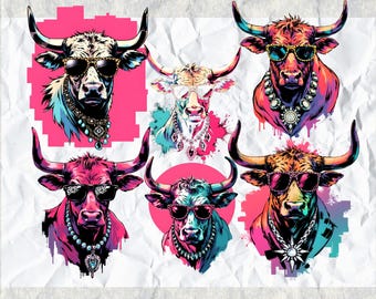 Neon Longhorn Cow PNG Bundle | Western Animal Clipart | Texas Cowgirl Boutique Shirt Design | Preppy Rhinestone Sublimation Set