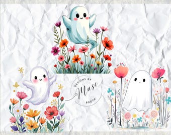 Floral Ghost PNG Bundle | Cute Halloween Clipart | Spooky Season Fall Shirt Design | Girly Wildflower Ghost Sublimation Art Set