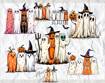 Halloween Ghost Trio PNG Bundle | Cute Spooky Season Ghost PNG | Retro Halloween Sublimation Design | Vintage Ghost Shirt PNG