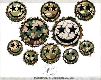Camo Smiley Face PNG Bundle | Distressed Camouflage Smiley Graphic | Vintage Grunge Camo Emoji Design | Trendy Sublimation Pack