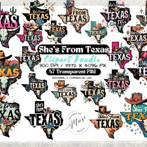 Texas PNG Bundle | Western Cowgirl Clipart Set | Retro Texas Sublimation Designs | Southern Texas Graphics | Shes From Texas PNG