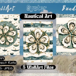 Oyster Wall Art Set | Coastal Kitchen Printable Decor | Beach House Seafood Prints | Nautical Oyster Shell Art | Ocean Dining Room Download