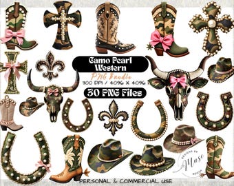 Camo Pearl Western PNG Bundle | Cowgirl Boots Hat Horseshoe Clipart | Pearl Cross Fleur De Lis Boutique Sublimation Design Set