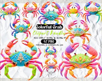 Neon Crab PNG Bundle | Colorful Beach Crab Clipart | Coastal Summer Shirt Design | Preppy Ocean Sublimation Art Set | Digital Download