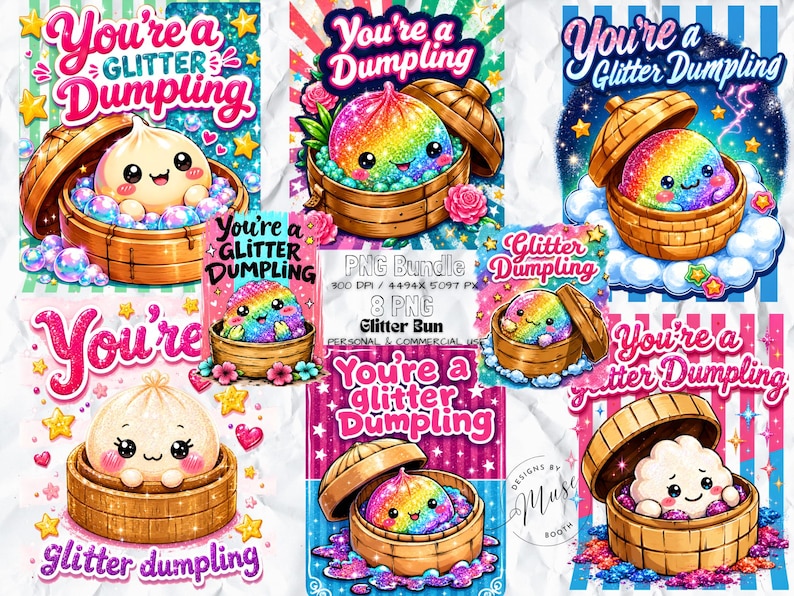 May include: A digital collection of eight illustrations featuring cute, anthropomorphic dumplings in wooden steamer baskets. The designs include rainbow-colored glitter textures, pink text reading You're a Glitter Dumpling, stars, bubbles, and floral accents on various colorful backgrounds.