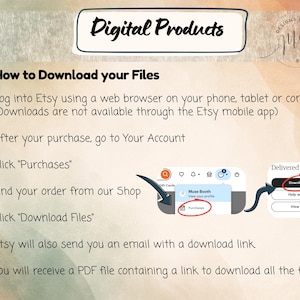 May include: An instructional graphic titled Digital Products by Muse Booth explaining how to download files from Etsy. It lists four steps, notes that downloads are not available via the mobile app, and includes a visual guide for locating the download button.
