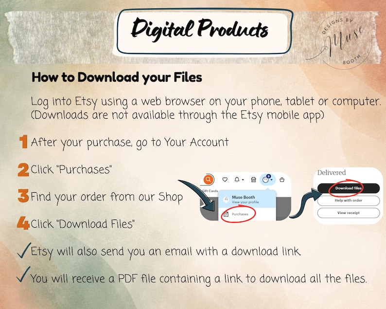 May include: An instructional graphic titled Digital Products by Muse Booth explaining how to download files from Etsy. It lists four steps, notes that downloads are not available via the mobile app, and includes a visual guide for locating the download button.