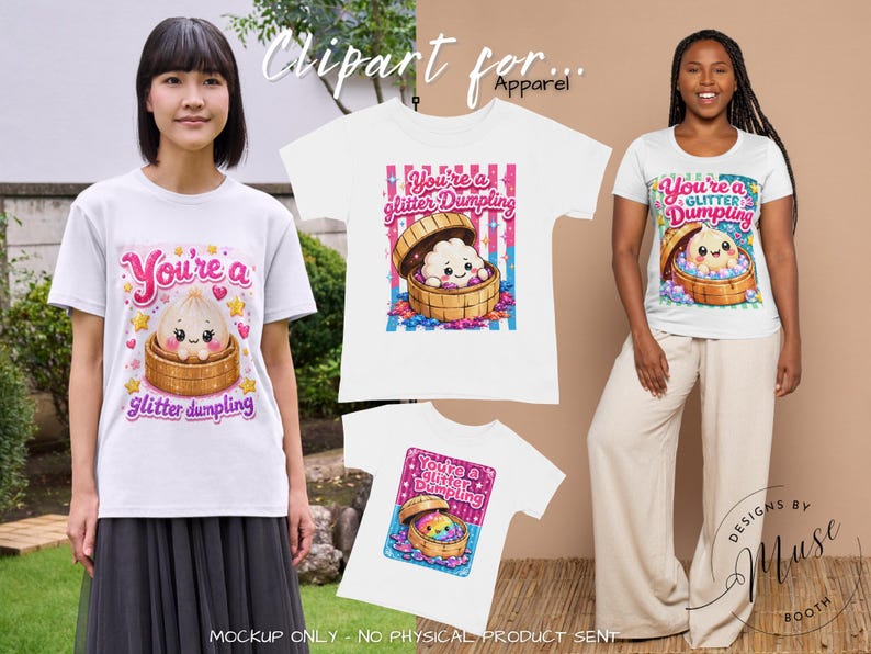 May include: A white t-shirt featuring a graphic of a cute dumpling in a bamboo steamer with the text You're a glitter Dumpling. The design includes pink and blue stripes, colorful glitter accents, and small hearts and stars surrounding the dumpling.