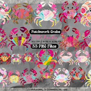 May include: A collection of twenty-three digital crab illustrations featuring patchwork designs in various colors and patterns. The image includes text stating Patchwork Crabs, PNG Bundle, 300 DPI / 4096 x 4096 PX, 33 PNG Files, and Personal & Commercial Use.