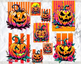 Neon Pumpkin Head PNG Bundle | Halloween Jack O Lantern Clipart | Spooky Season Shirt Design | Retro Fall Sublimation Art Set