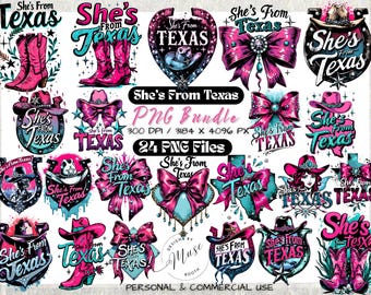 She's From Texas PNG Bundle | Western Cowgirl PNG | Coquette Texas Shirt Design | Southern Country Girl Sublimation Pack