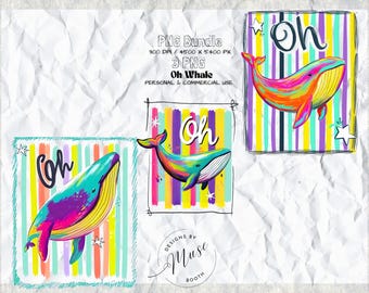 Oh Whale PNG Bundle | Preppy Whale Clipart | Funny Ocean Animal Pun Shirt Design | Pink Teal Beach Summer Sublimation Art Set