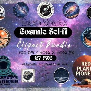 Może przedstawiać: Cyfrowy pakiet clipartów o tematyce kosmicznej science fiction. Projekt zawiera różne ilustracje związane z kosmosem, w tym planety, astronautów, rakiety i tekst "Deep Space Cosmic Sci-fi Clipart Bundle". Paleta kolorów obejmuje odcienie niebieskiego, fioletowego i pomarańczowego.