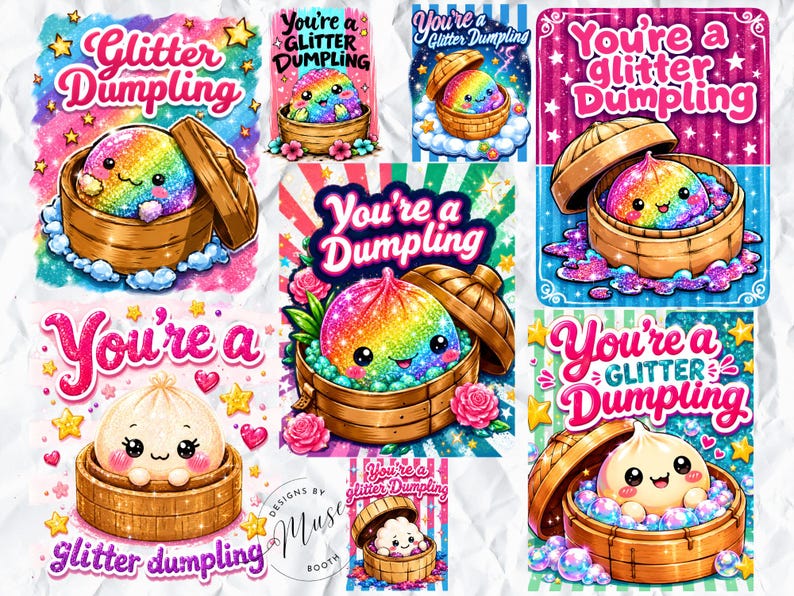 Glitter Dumpling PNG Bundle | You're A Glitter Dumpling Cute Food PNG | Kawaii Rainbow Dumpling Clipart | Preppy Kids Sublimation image 1