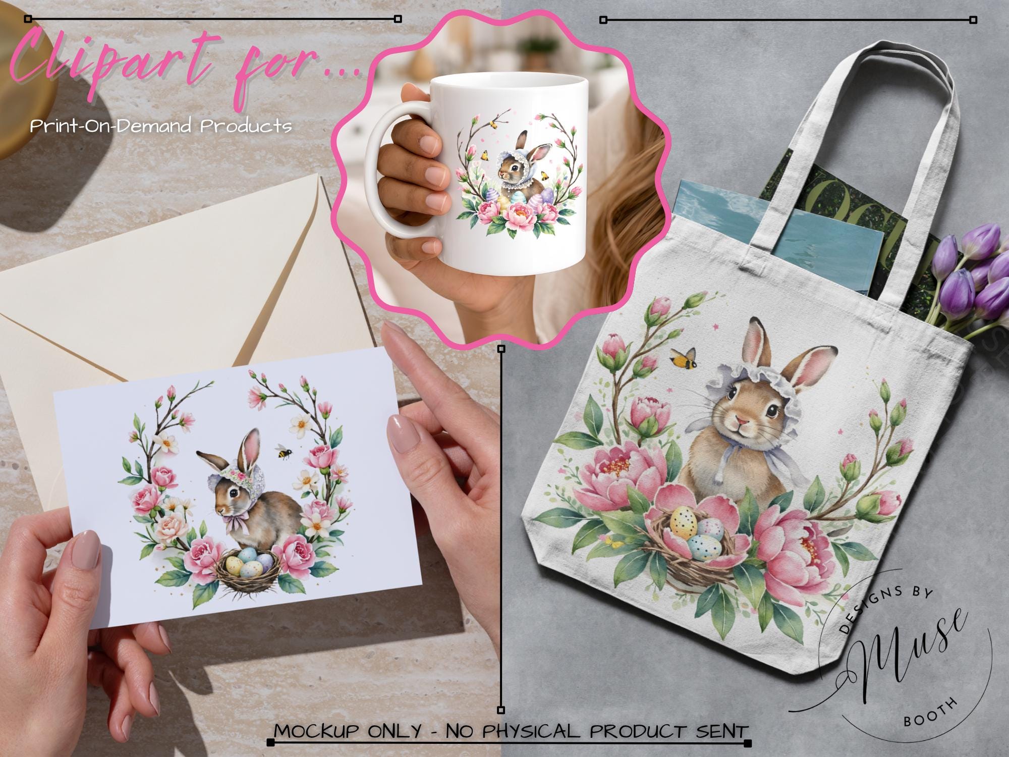 Bonnet Easter Bunny Clipart Bundle | Floral Spring Rabbit PNG Set ...