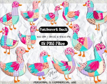 Patchwork Duck PNG Bundle | Hand Drawn Style Pink Duck Clipart | Pastel Quilt Animal Shirt Design | Preppy Farm Sublimation Art