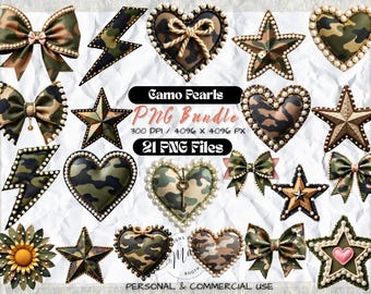 Camo Pearl PNG Bundle | Girly Camouflage Clipart | Pearl Heart Bow Star Lightning Flower Design | Trendy Coquette Sublimation Art