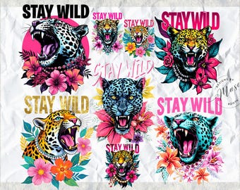Stay Wild PNG Bundle | Leopard Floral Clipart | Trendy Women Shirt Design | Boho Wildflower Summer Sublimation Art Set Digital Download