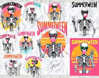 Summerween Skeleton PNG Bundle | Funny Halloween Summer Clipart | Bubblegum Skull Shirt Design | Spooky Season Sublimation Art
