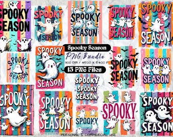 Spooky Season Ghost PNG Bundle | Cute Halloween Clipart | Retro Preppy Ghost Shirt Design | Fall Pumpkin Sublimation Art Set