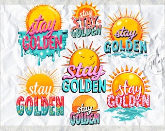 Stay Golden PNG Bundle | Colorful Retro Sun Clipart | Preppy Summer Saying Shirt Design | Trendy Sublimation Art Set for Tees