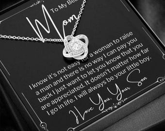 Mom Necklace from Son, Cubic Zirconia Love Knot Pendant, Gift for Mother, White Gold