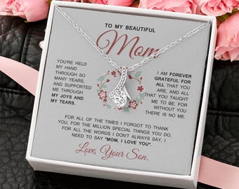 Necklace for Mom from Son, Engraved Message Card Jewelry, Birthday Christmas Gift