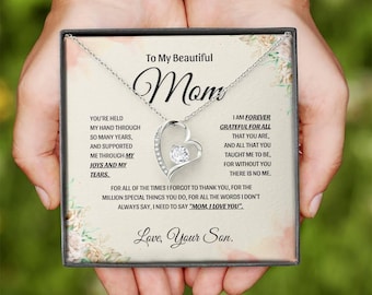 Heart Necklace for Mom, Son's Love, Cubic Zirconia, 14K White Gold Finish