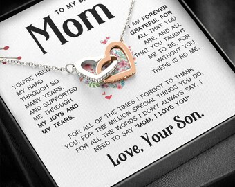 Mom Necklace Gift from Son, Double Heart Pendant, Cubic Zirconia, 18-22" Chain