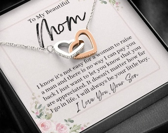 Interlocking Hearts Necklace for Mom, Personalized Message Card Jewelry