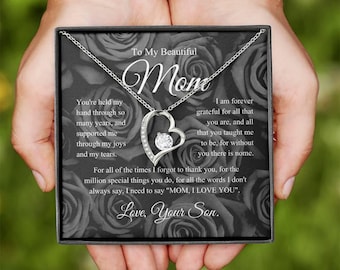 Necklace for Mom from Son, Engraved Message Card Jewelry, Birthday Christmas Gift