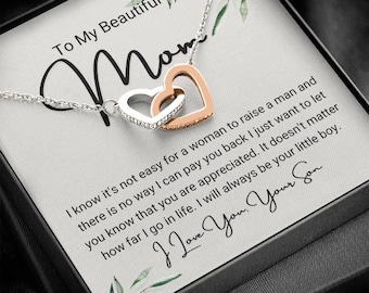 Interlocking Hearts Necklace for Mom from Son, Gold Finish Pendant