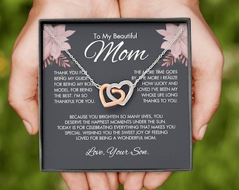 Interlocking Hearts Necklace for Mom, Son to Mom Jewelry, 14K White Gold Finish