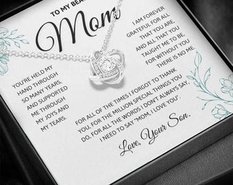 Love Knot Necklace for Mom from Son, 18K Gold Finish Pendant, Message Card