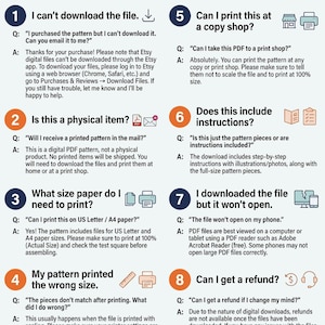May include: A Q&A graphic with numbered questions and answers about digital PDF patterns. Topics include downloading, printing, paper size, and refunds. The text is in a clean, easy-to-read format.