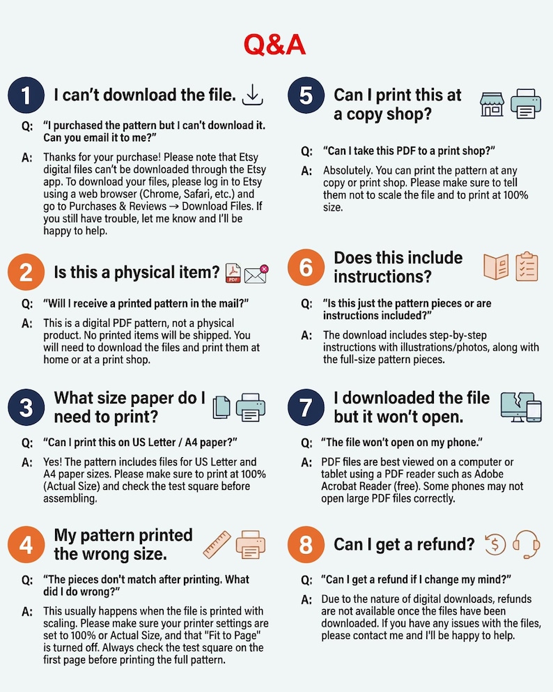 May include: A Q&A graphic with numbered questions and answers about digital PDF patterns. Topics include downloading, printing, paper size, and refunds. The text is in a clean, easy-to-read format.