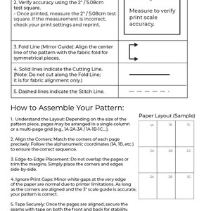 May include: A white instructional sheet with black text detailing printing and pattern assembly instructions. Includes a 2-inch test square for accuracy, fold, cutting, and stitch line guides, and a paper layout example with alphanumeric coordinates.