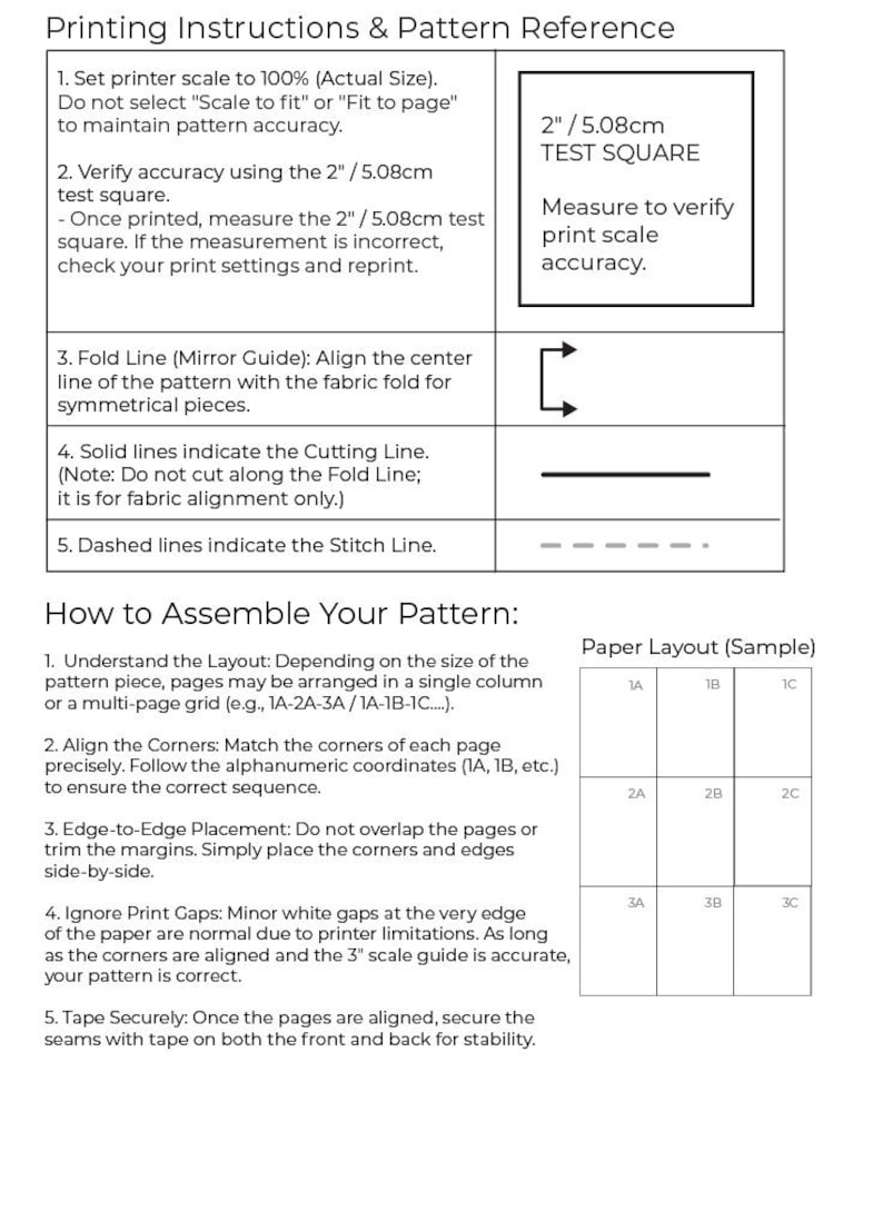 May include: A white instructional sheet with black text detailing printing and pattern assembly instructions. Includes a 2-inch test square for accuracy, fold, cutting, and stitch line guides, and a paper layout example with alphanumeric coordinates.