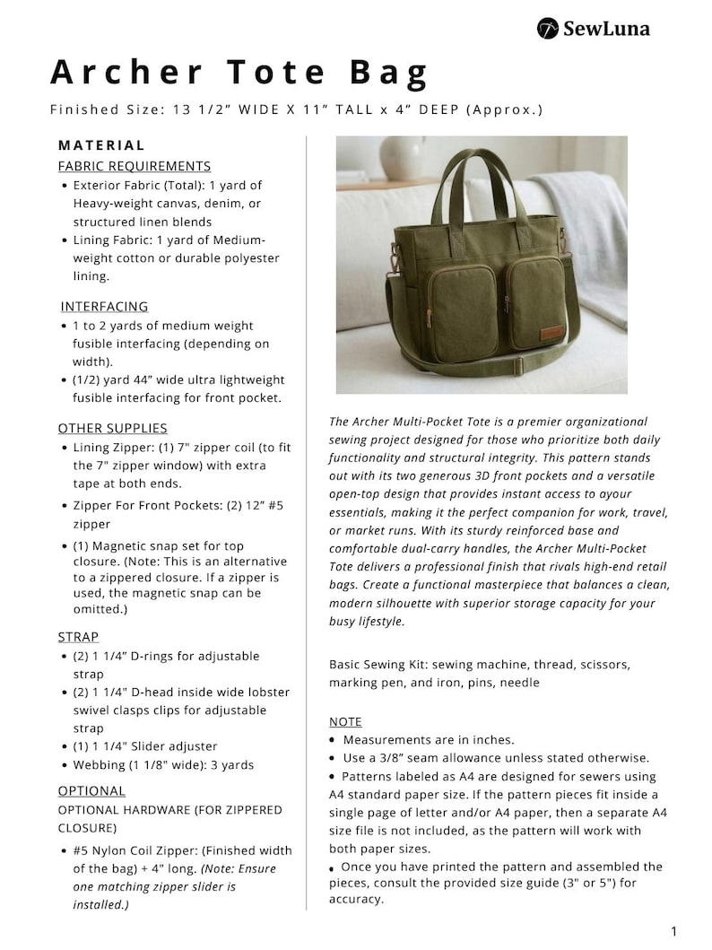Multi-pocket Tote Bag PDF Sewing Pattern | Archer Canvas Commuter Bag ...