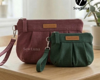 Harlow Faltentasche 2 Größen PDF Schnittmuster | Anfänger Kosmetiktasche Tutorial | DIY Handgelenk Clutch | Moderne Taschenbeutel-Vorlage