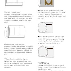 May include: Diagram of a bag construction process, featuring step-by-step instructions with illustrations. The steps include attaching lining, turning the bag right side out, and final shaping. The text includes sewing terms and measurements.
