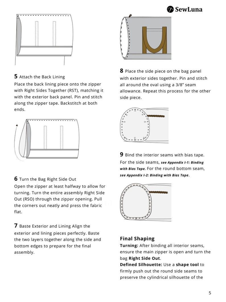 May include: Diagram of a bag construction process, featuring step-by-step instructions with illustrations. The steps include attaching lining, turning the bag right side out, and final shaping. The text includes sewing terms and measurements.