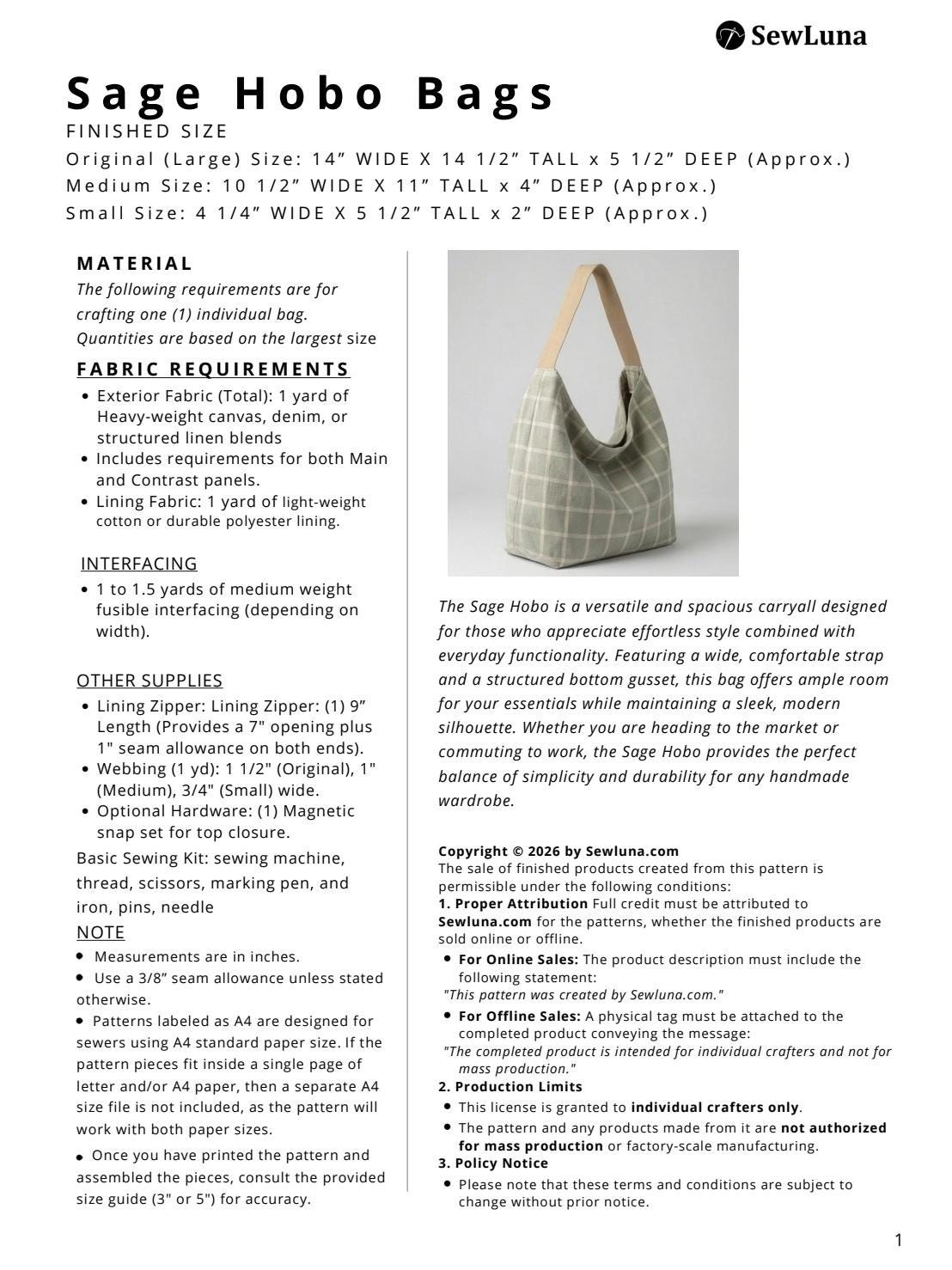 Sage Hobo Bag PDF Sewing Pattern | Slouchy Tote, 3 Sizes | | DIY ...