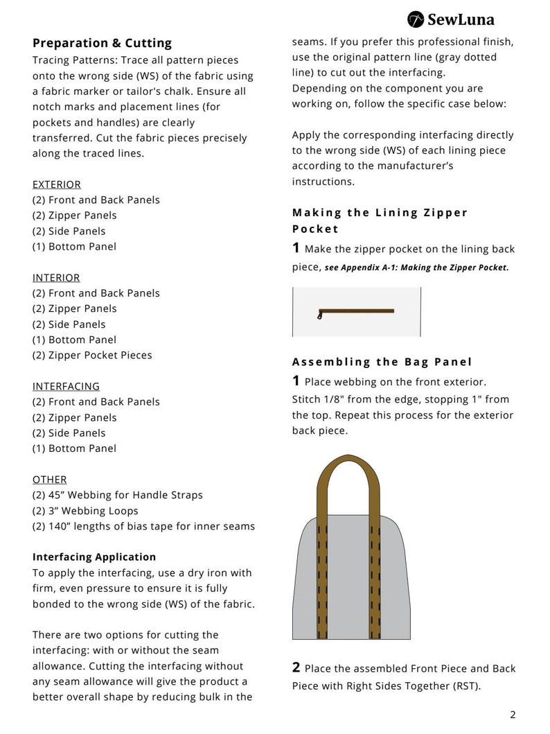 Puede incluir: Instrucciones del patr&oacute;n de costura con texto y diagramas. Incluye secciones sobre preparaci&oacute;n, corte, exterior, interior, entretela y otros materiales. Presenta un diagrama de una bolsa con correas de cincha.
