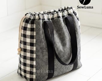 Grace Drawstring Tote PDF Sewing Pattern | Beginner Market Bag | DIY Knitting Project Pouch Tutorial | Large Shoulder Bag Digital Download