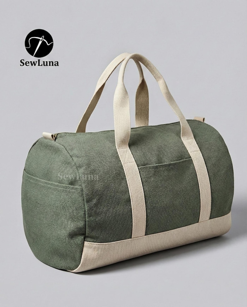 Minimalist earthy green and beige canvas duffle bag sewing pattern PDF with sturdy webbing handles and a side pocket, displayed against a light grey background. Perfect weekender bag sewing project.